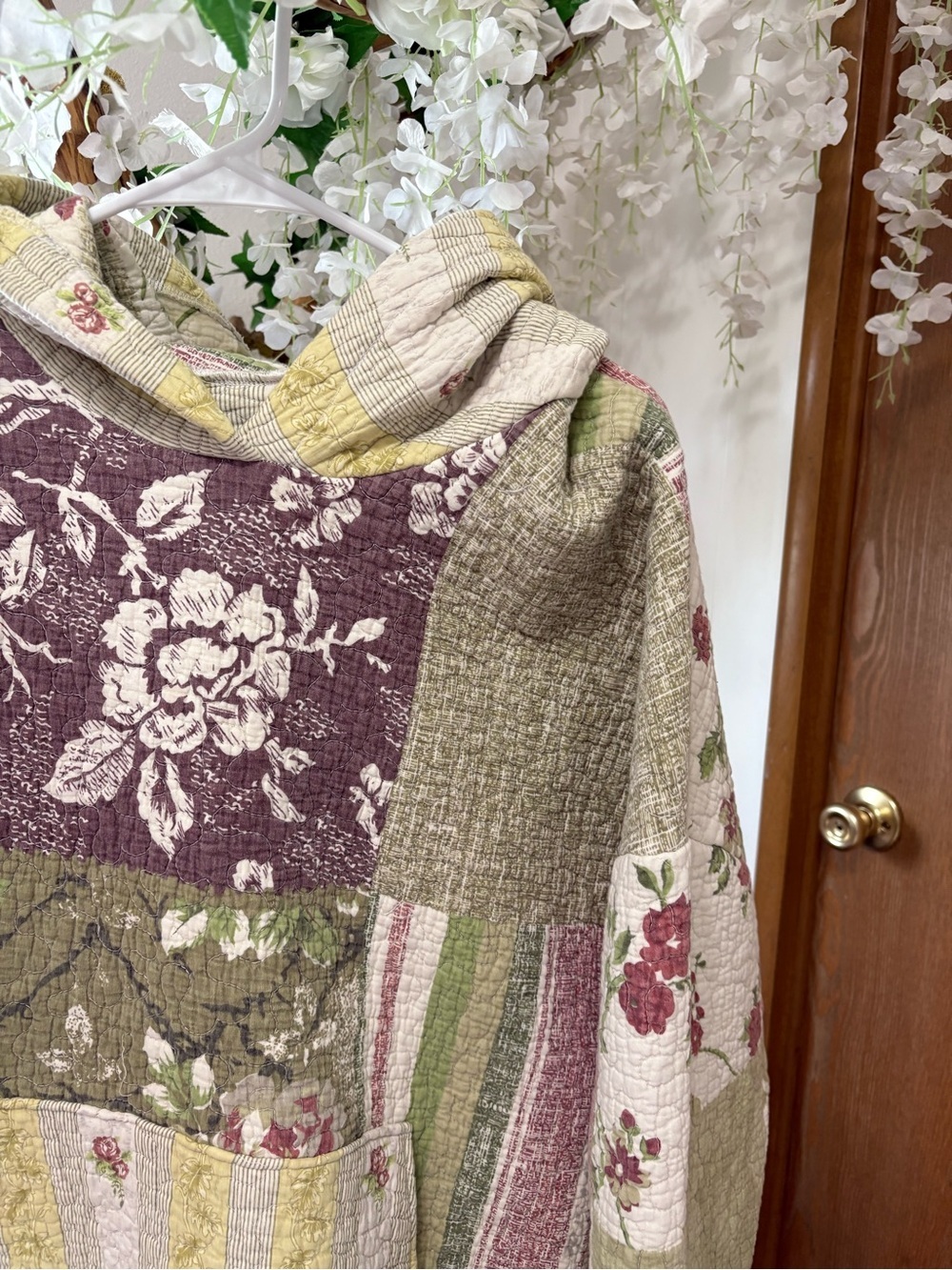 Patchwork Quilted Handmade Oversized Floral Hooded Pullover in Sage & Mauve - Picture 2 of 5